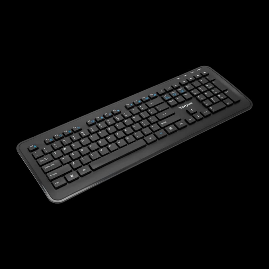 Targus AKM610ES noir, vue en perspective: clavier sans fil complet avec touches de fonction bleues et logo Targus