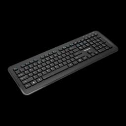 Targus AKM610ES noir, vue en perspective: clavier sans fil complet avec touches de fonction bleues et logo Targus