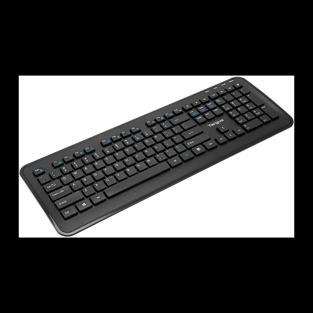 Targus Kit clavier souris sans fil AKM610ES noir, vue en angle: clavier complet noir avec touches de fonction en bleu