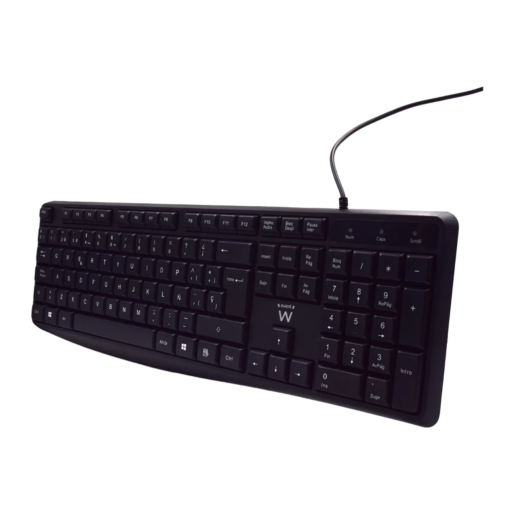 Ewent combo clavier souris silencieux USB noir, vue en perspective: clavier espagnol avec pavé numérique et câble USB