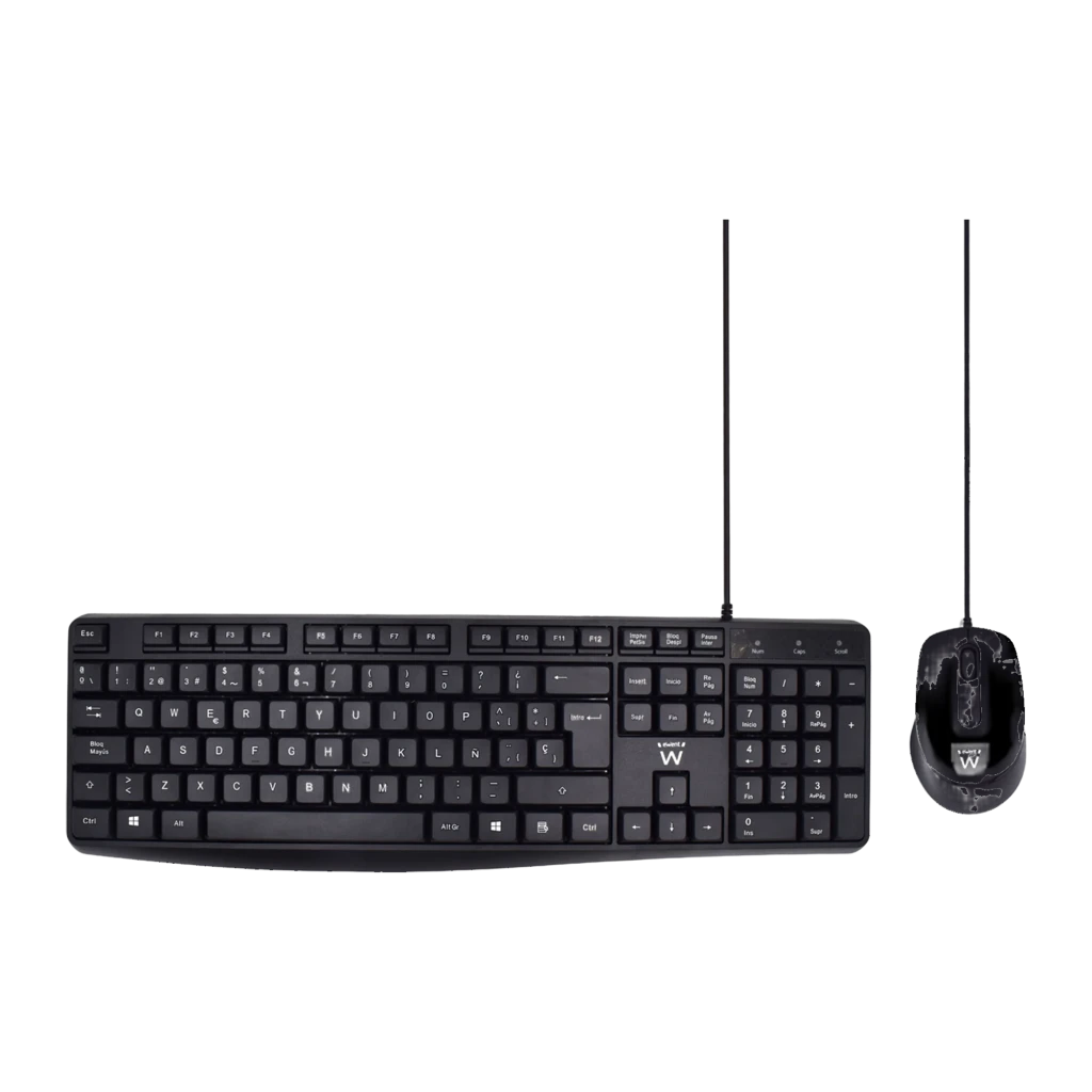 Ewent Combo Clavier Souris Silencieux USB noir, vue de dessus: clavier espagnol complet et souris filaire sur fond noir