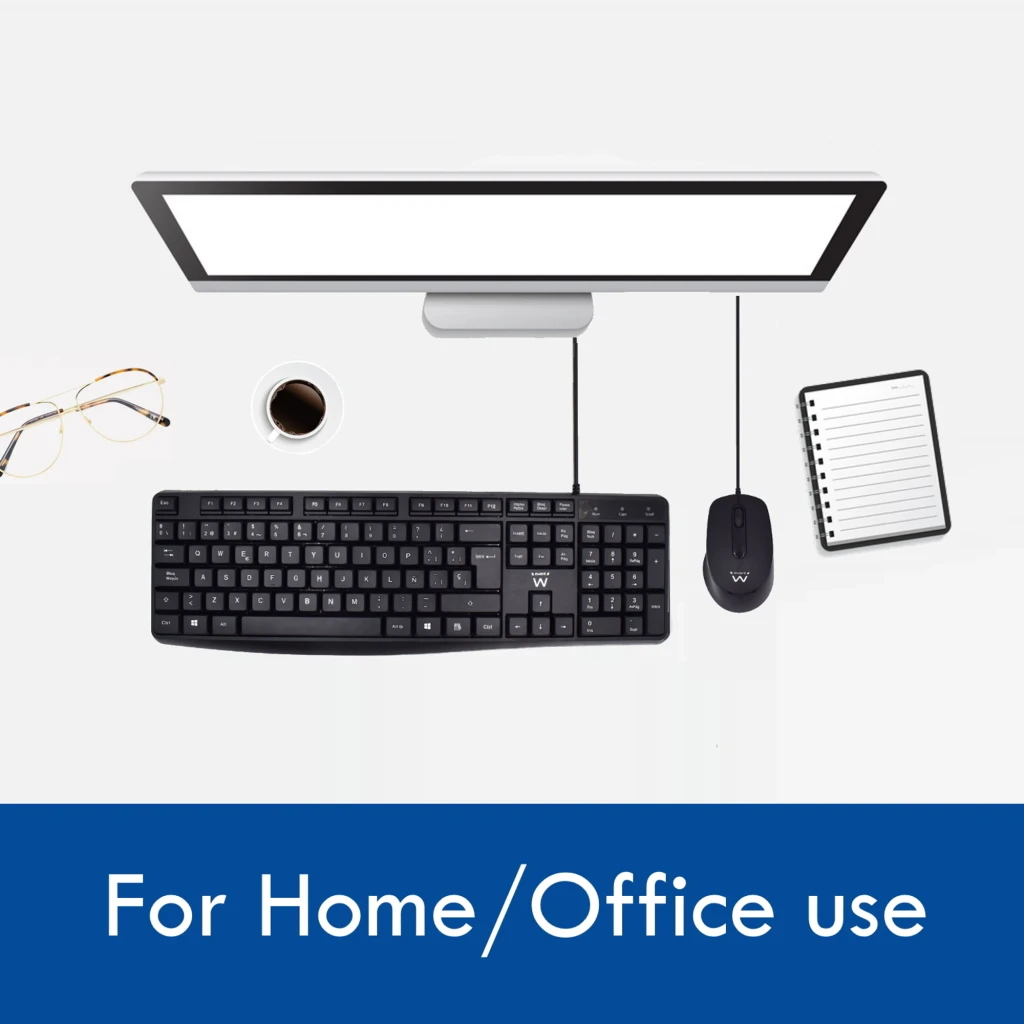 Ewent combo clavier souris silencieux USB noir, vue de dessus: ensemble sur bureau avec moniteur, café et carnet