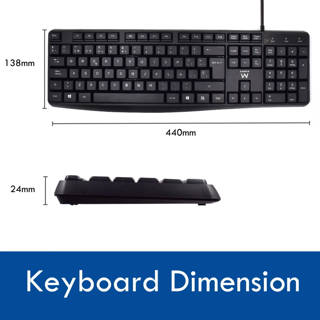 Ewent clavier souris combo silencieux USB noir, dimensions: vue dessus et côté avec mesures 440x138x24mm