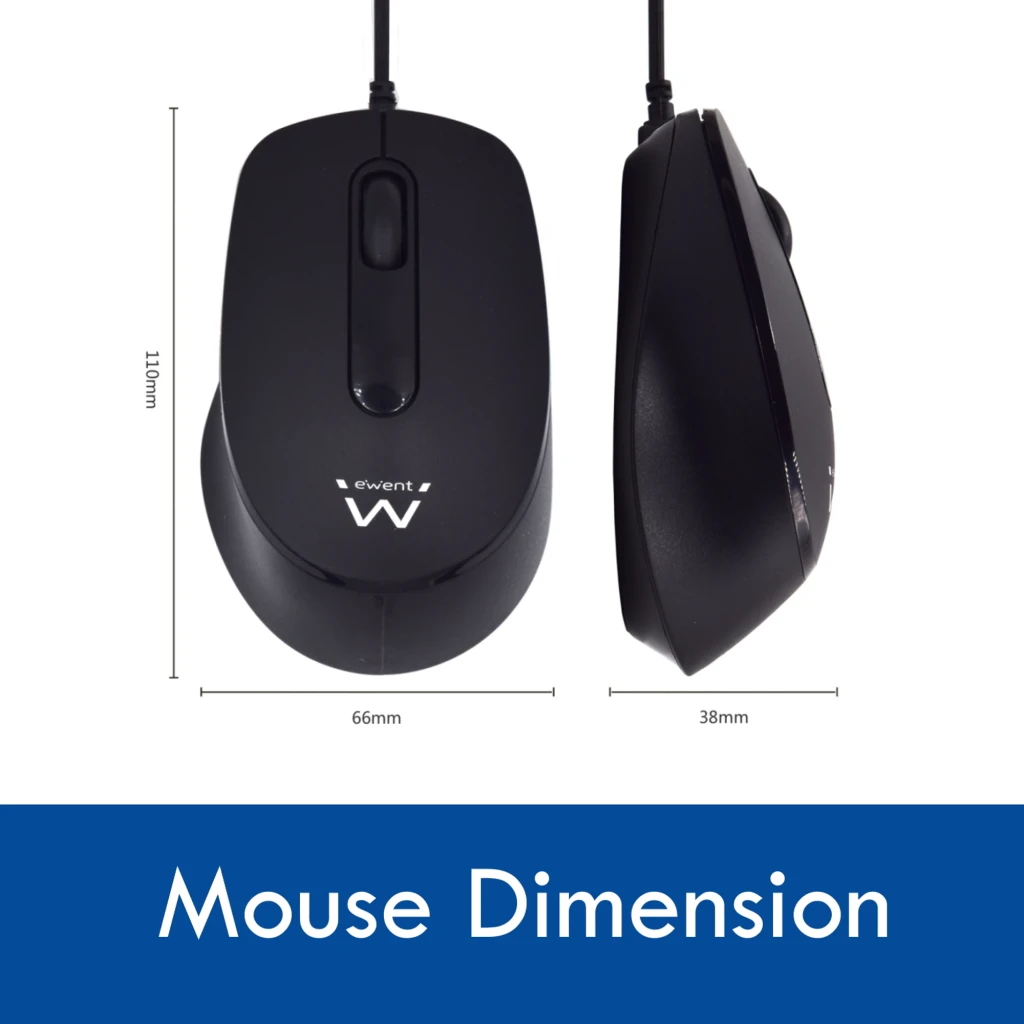 Ewent Combo Clavier Souris Silencieux USB noir, dimensions: vues dessus et côté de la souris avec mesures 110x66x38mm