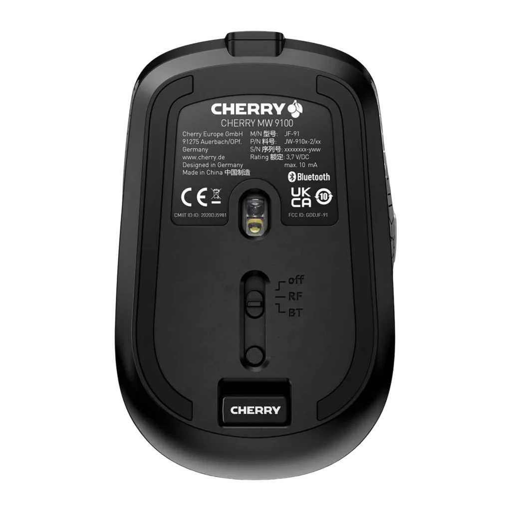 CHERRY Souris MW 9100 Sans Fil Noir, vue du dessus: molette argentée, LED rouge DPI et logo CHERRY sur bande centrale - Ítem1