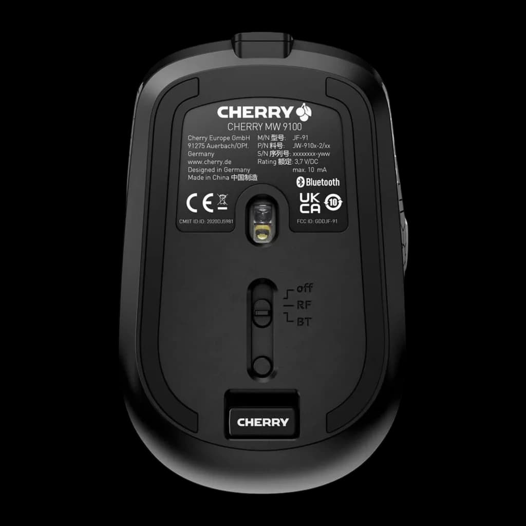 CHERRY Ratón MW 9100 Inalámbrico Negro, vista inferior: sensor óptico, interruptor off/RF/BT y etiqueta técnica