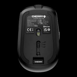CHERRY Ratón MW 9100 Inalámbrico Negro, vista inferior: sensor óptico, interruptor off/RF/BT y etiqueta técnica