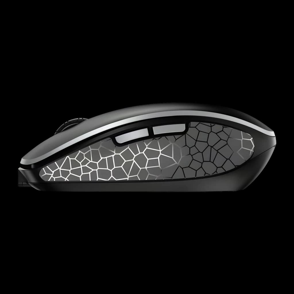 CHERRY Ratón MW 9100 Inalámbrico Negro, vista lateral: patrón geométrico iluminado en el cuerpo y rueda de desplazamiento