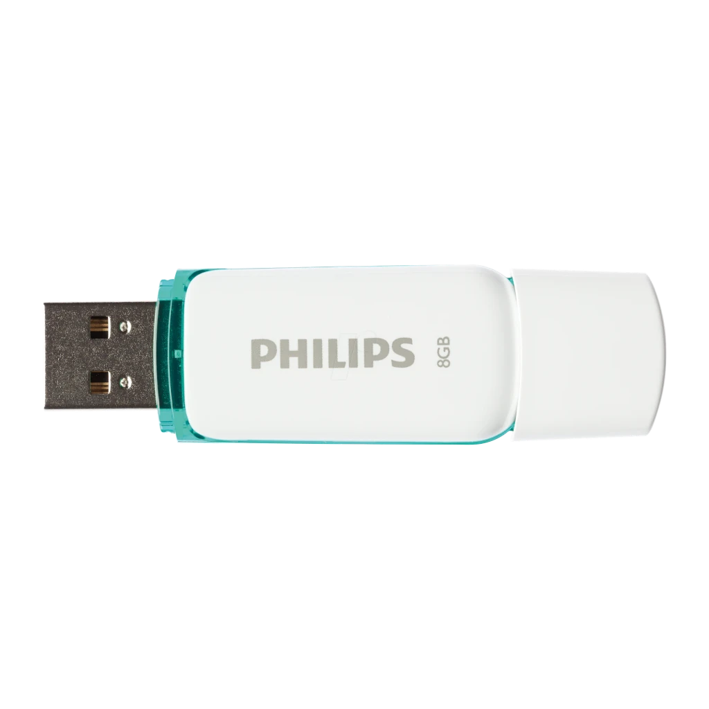 Philips Memoria USB Snow Edition 8GB verde, vista diagonal: conector USB y cuerpo blanco con deslizador verde visibles - Ítem2