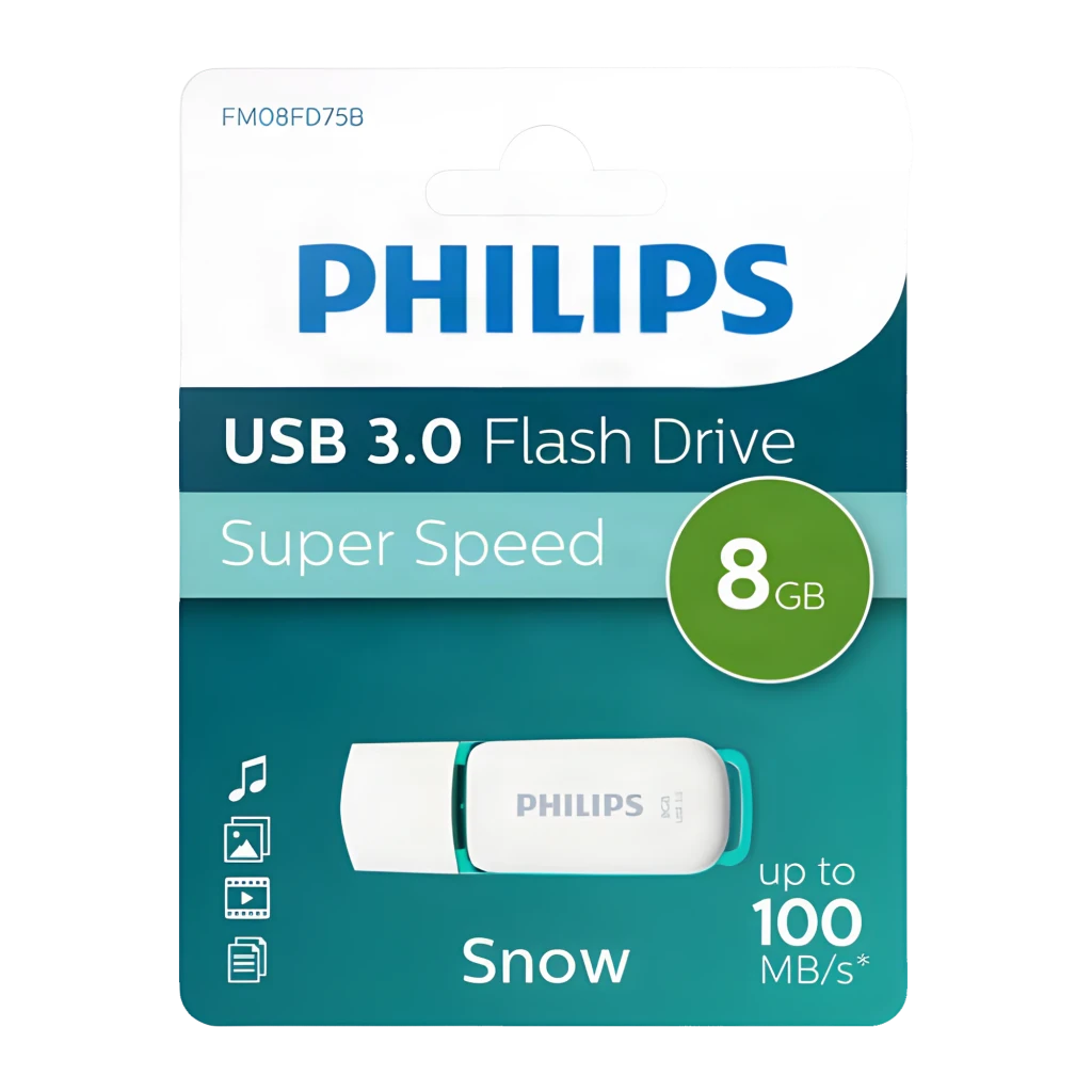 Philips Memoria USB Snow Edition 8GB verde, vista diagonal: conector USB y cuerpo blanco con deslizador verde visibles - Ítem3