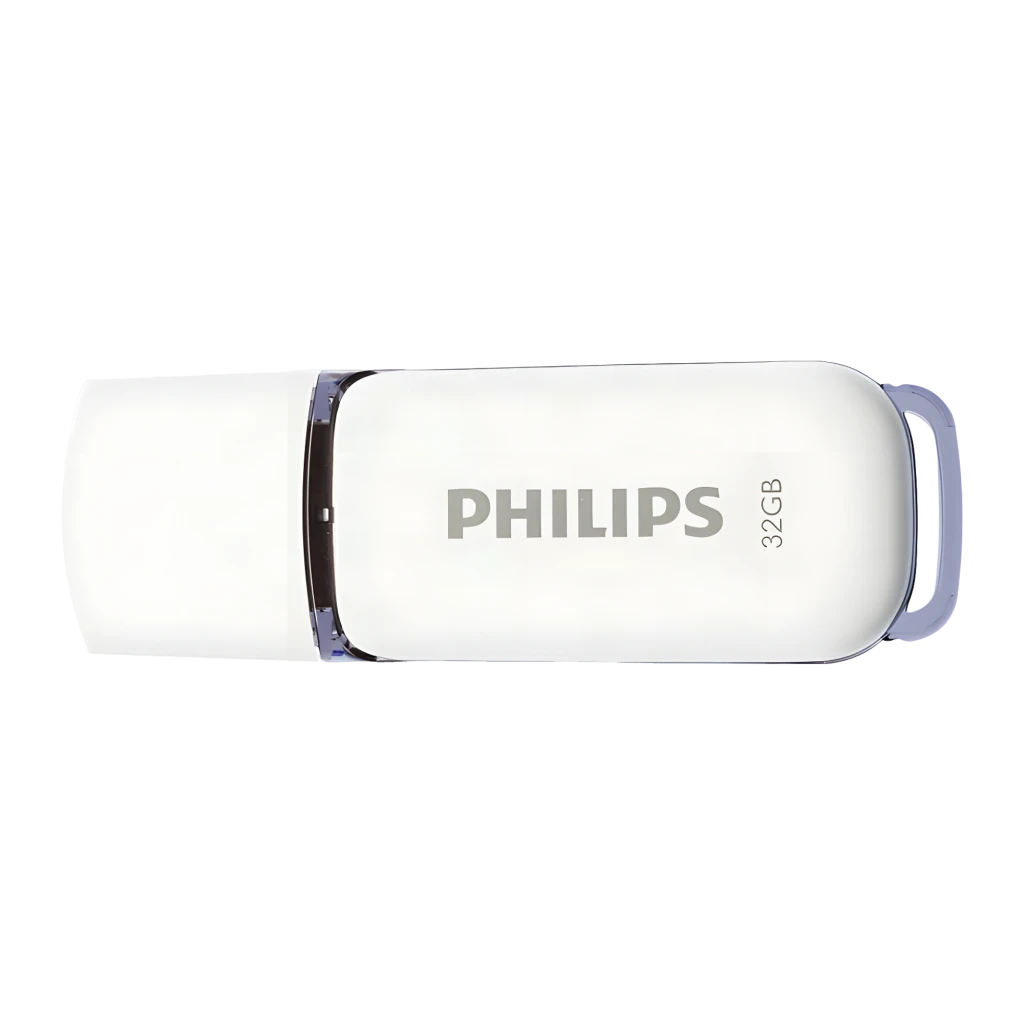 Philips FM32FD70B 32GB blanco, vista en perspectiva: conector USB metálico desplegado y cuerpo con logo Philips - Ítem3