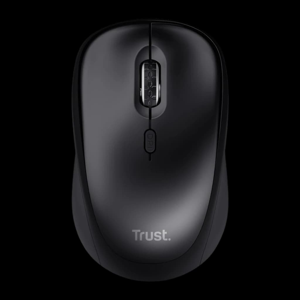 Trust Yvi+ Sans Fil Noir, vue du dessus: molette, bouton DPI et logo Trust centrés