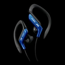 JVC HA-EB75 Bleu, vue latérale: les deux écouteurs avec crochet d'oreille noir et corps bleu avec logo JVC visible