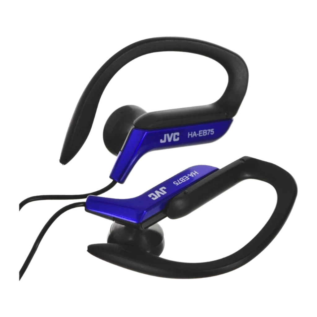 JVC HA-EB75 Azul, vista lateral: ambos auriculares con gancho de oreja negro y cuerpo azul con logo JVC visible - Ítem2