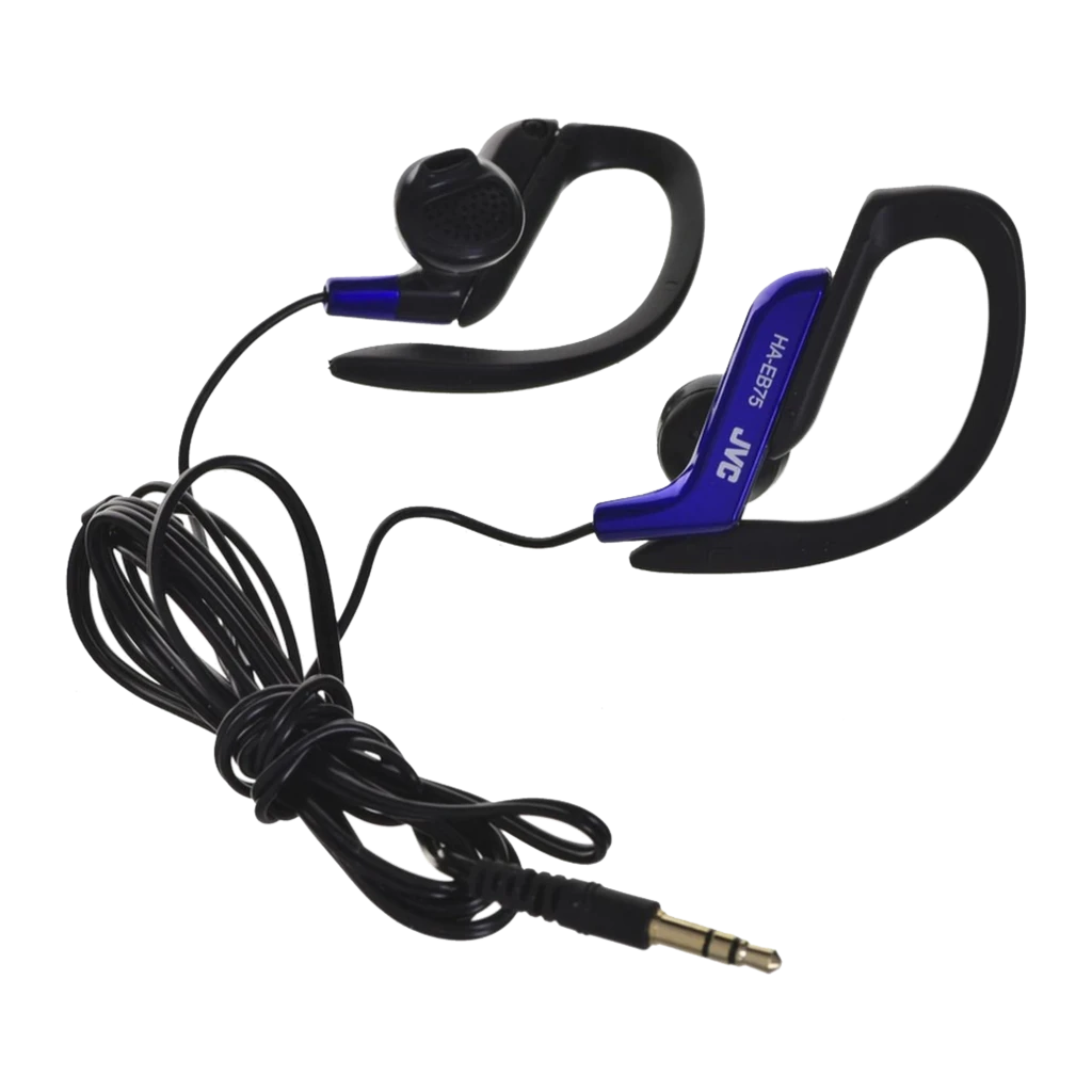 JVC HA-EB75 Azul, vista lateral: ambos auriculares con gancho de oreja negro y cuerpo azul con logo JVC visible - Ítem1
