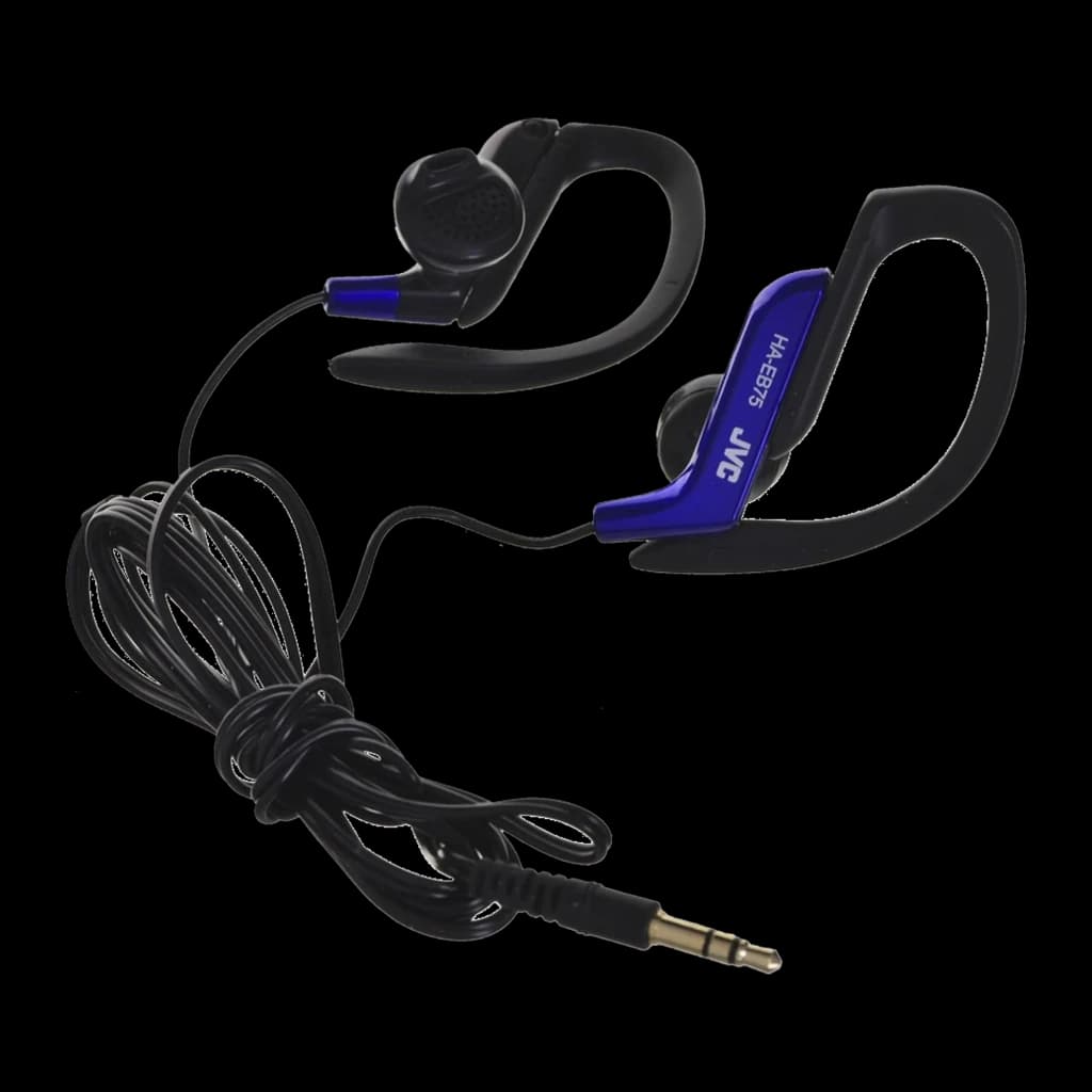 JVC Écouteurs sport HA-EB75 Bleu, vue générale: les deux écouteurs dépliés avec câble et jack 3,5 mm visibles