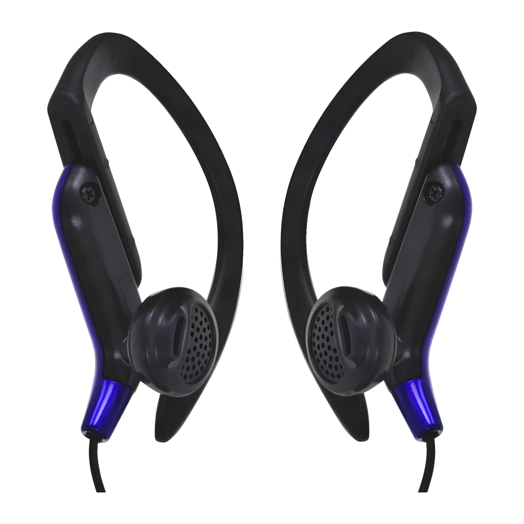 JVC HA-EB75 Azul, vista lateral: ambos auriculares con gancho de oreja negro y cuerpo azul con logo JVC visible - Ítem3