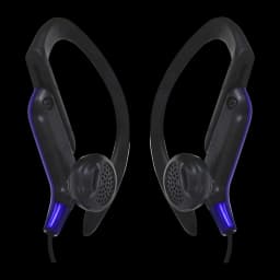 JVC Écouteurs sport HA-EB75 Bleu, vue de face: les deux écouteurs avec crochet auriculaire et accent bleu sur le câble