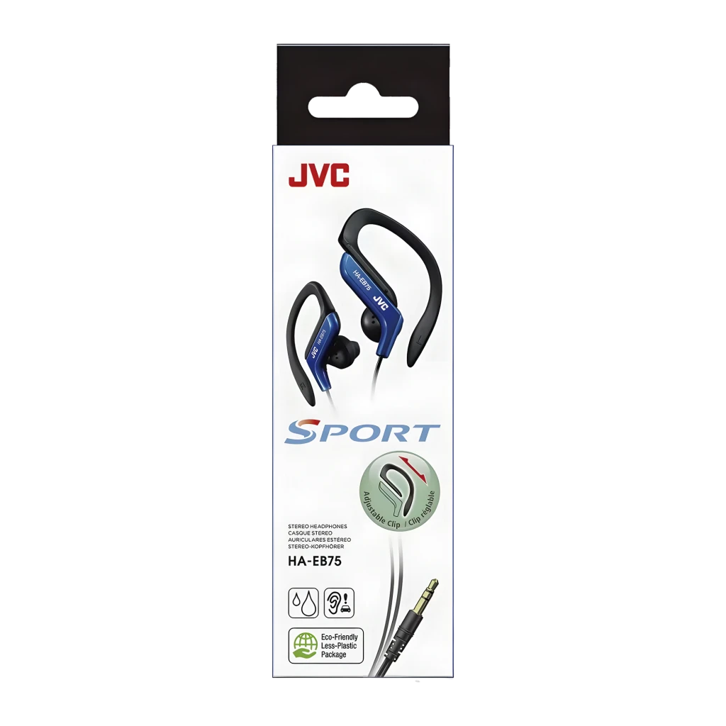 JVC HA-EB75 Azul, vista lateral: ambos auriculares con gancho de oreja negro y cuerpo azul con logo JVC visible - Ítem4
