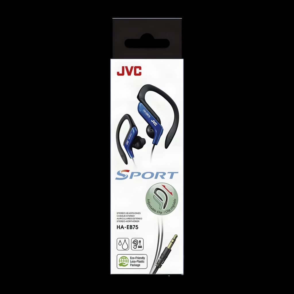 JVC Écouteurs sport HA-EB75 Bleu, boîte face avant: emballage Sport avec écouteurs bleus et clip ajustable visible