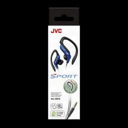 JVC Écouteurs sport HA-EB75 Bleu, boîte face avant: emballage Sport avec écouteurs bleus et clip ajustable visible