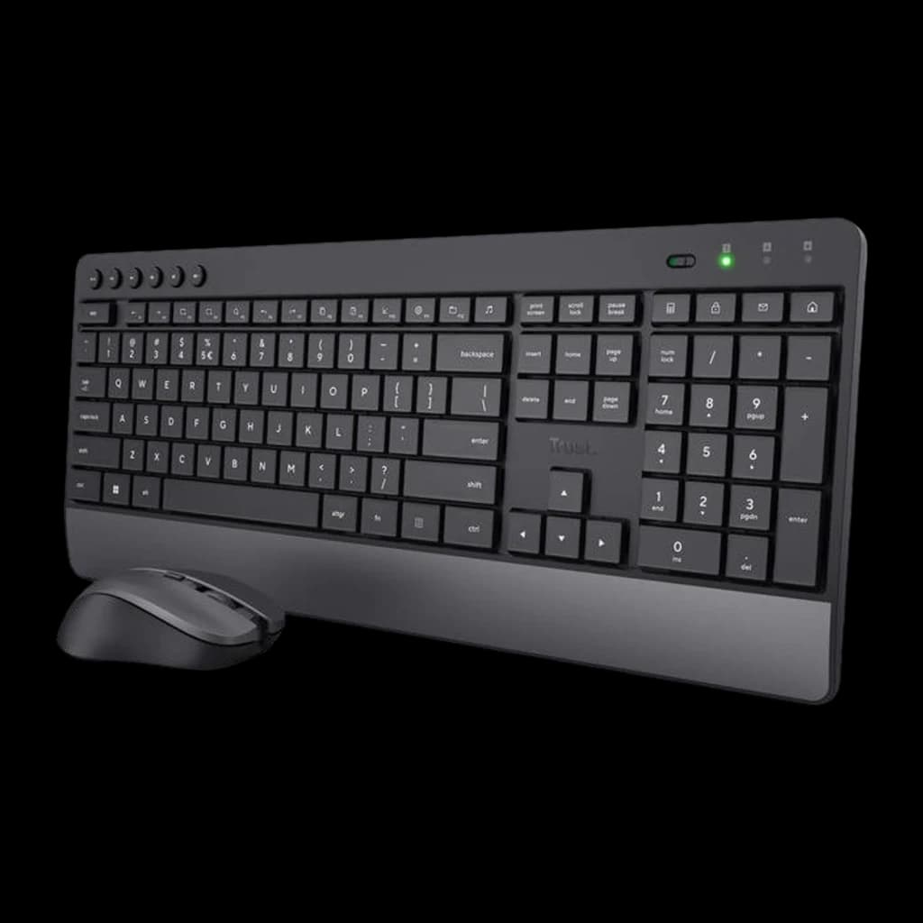 Trust Kit teclado y ratón inalámbrico Trezo QWERTY negro, vista frontal: teclado inclinado con reposamuñecas, teclas