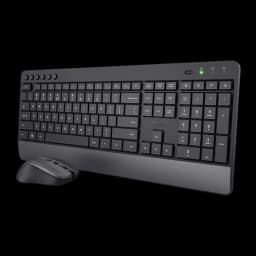 Trust Kit teclado y ratón inalámbrico Trezo QWERTY negro, vista frontal: teclado inclinado con reposamuñecas, teclas