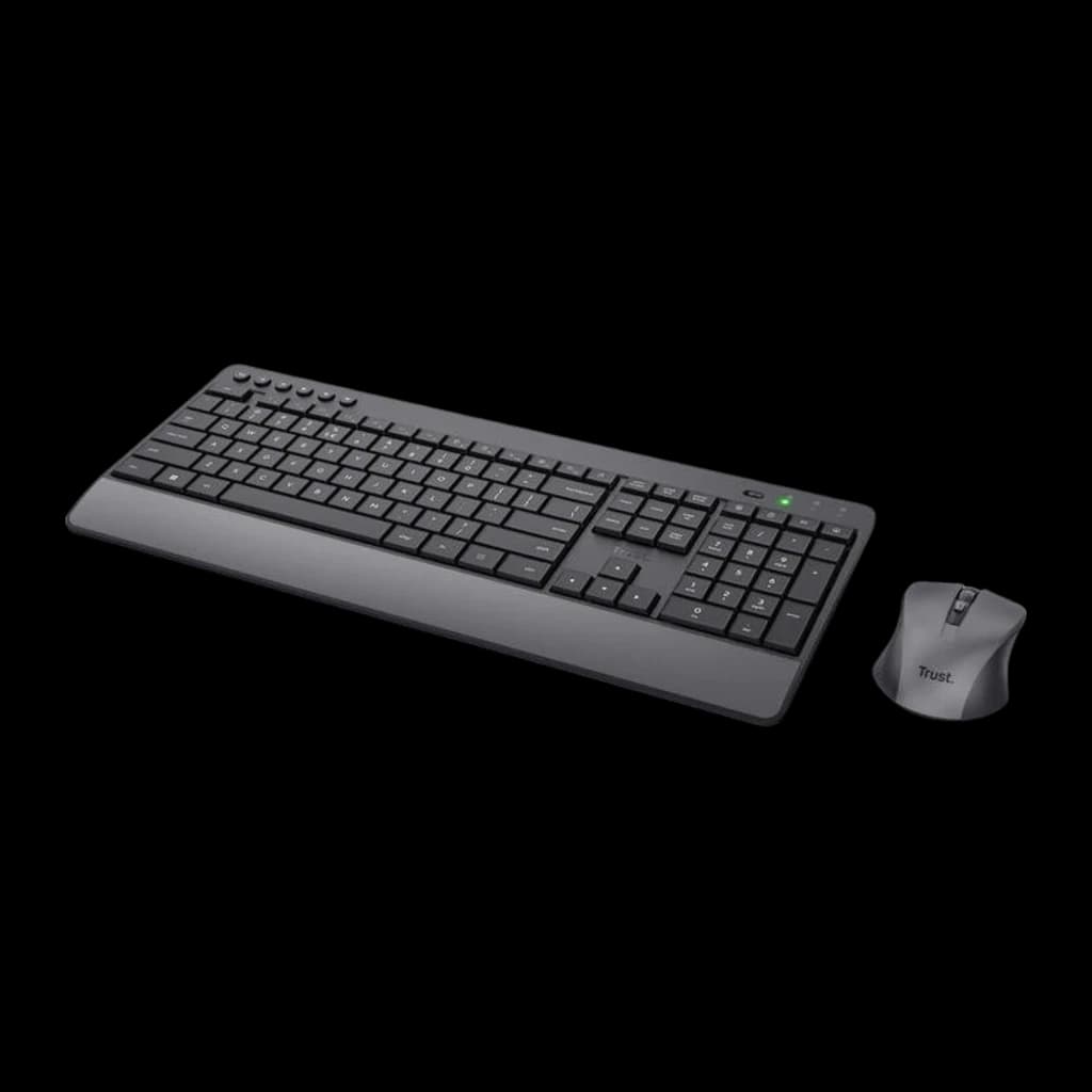 Trust Kit teclado y ratón inalámbrico Trezo QWERTY negro, vista lateral: teclado desde arriba con reposamuñecas gris y ratón