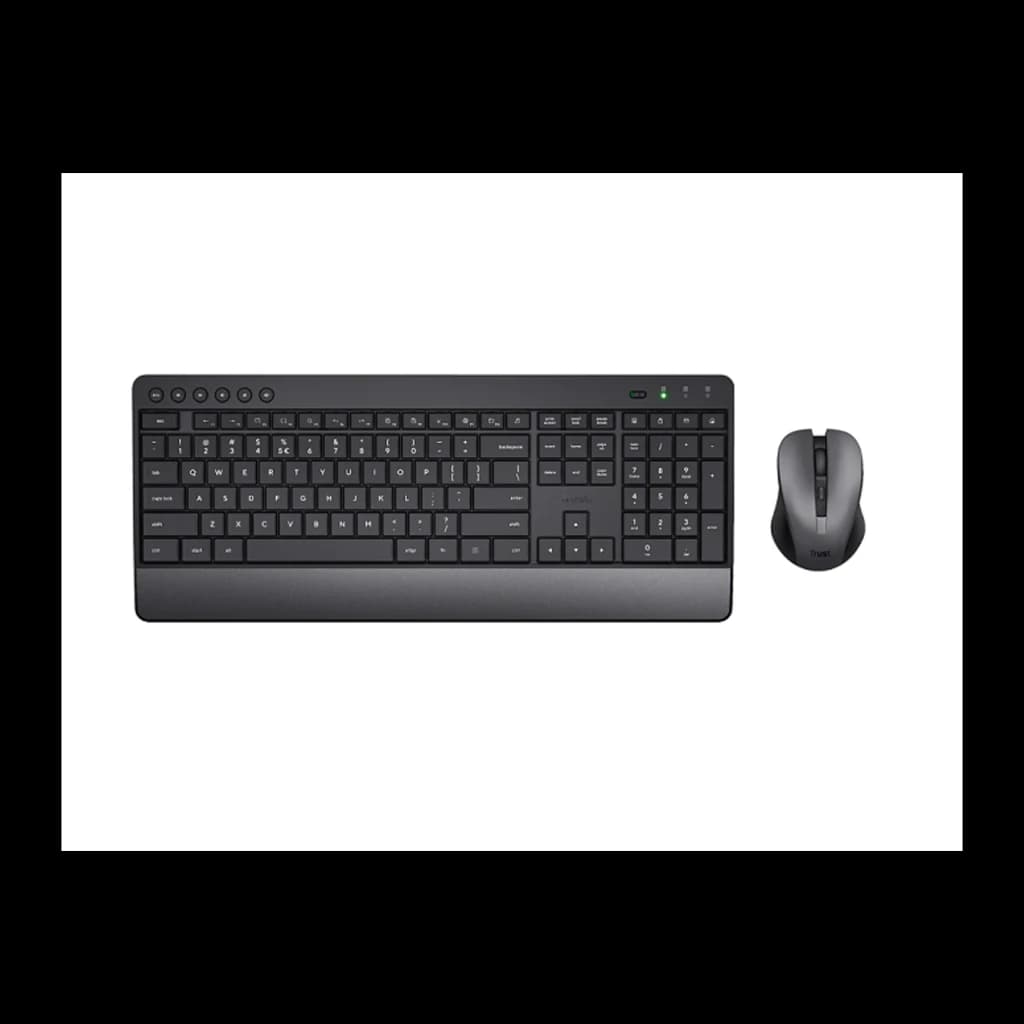 Trust Trezo kit teclado y ratón inalámbrico negro, vista superior: teclado QWERTY español con reposamuñecas y ratón compacto