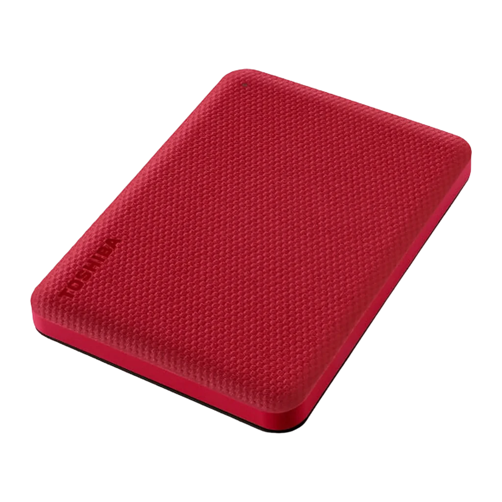 Toshiba Canvio Advance 1TB rojo, vista frontal en ángulo: textura punteada y logo Toshiba en relieve - Ítem1