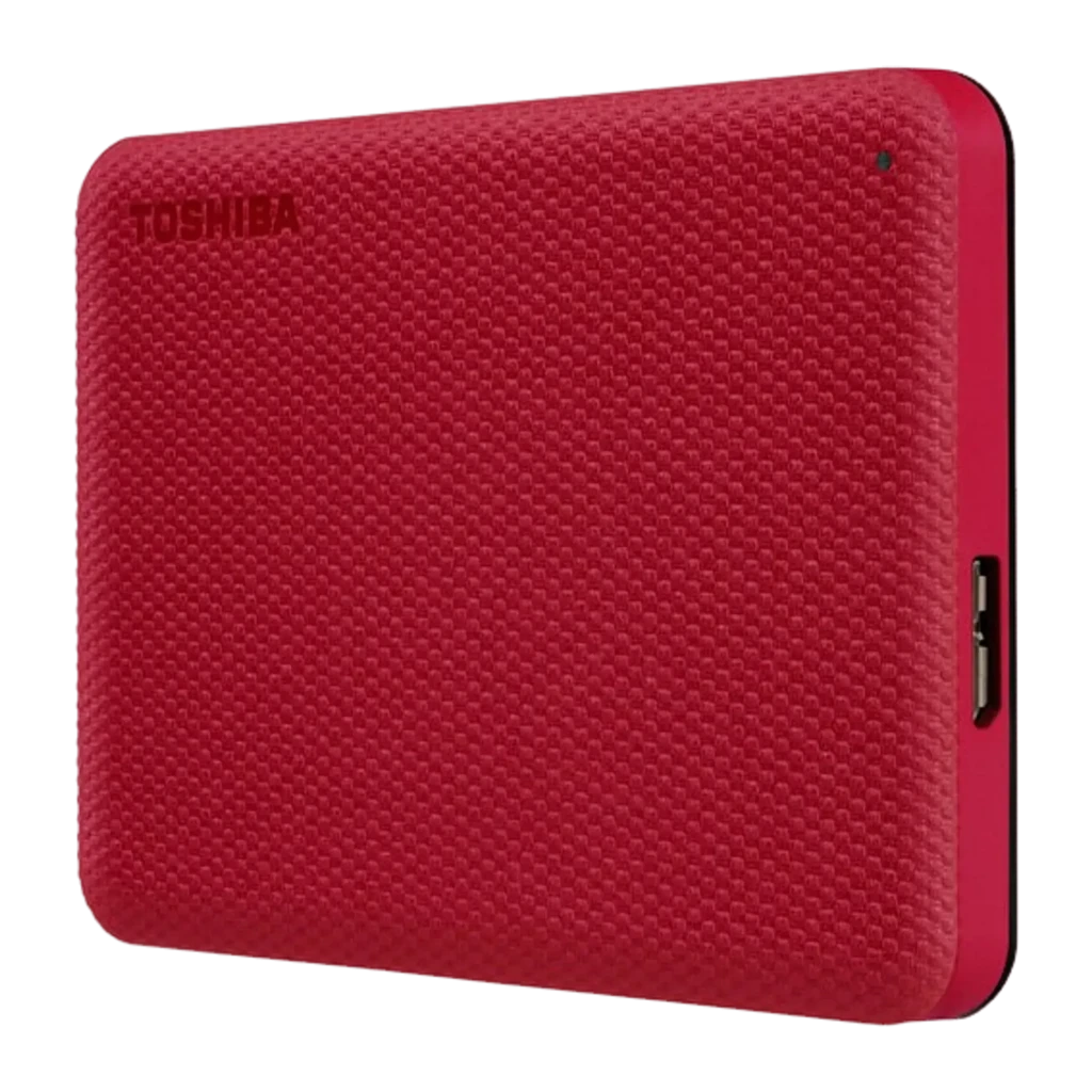 Toshiba Canvio Advance 1TB rojo, vista frontal en ángulo: textura punteada y logo Toshiba en relieve - Ítem2