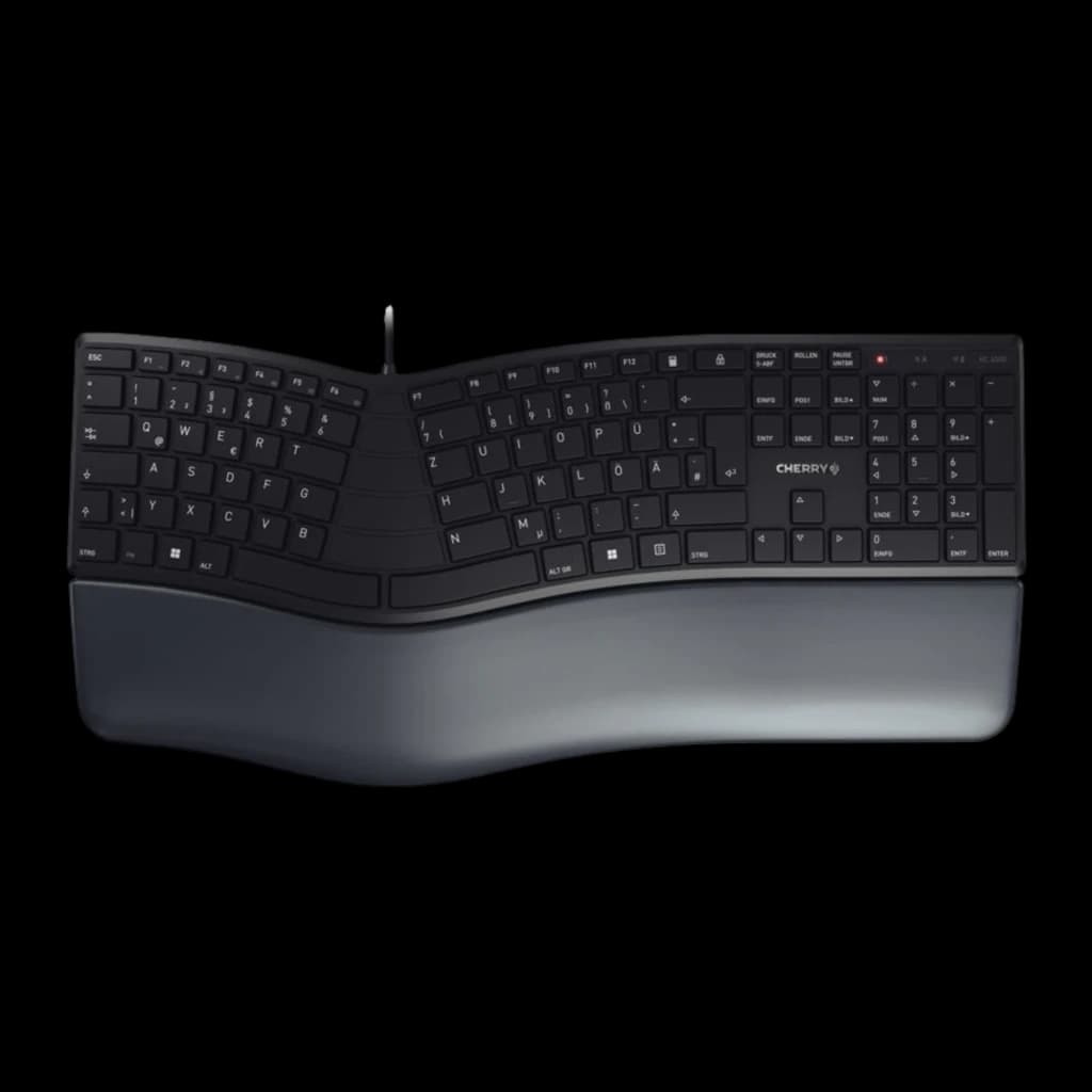 CHERRY KC 4500 ERGO USB QWERTY negro, vista superior: diseño ergonómico partido con reposamanos integrado