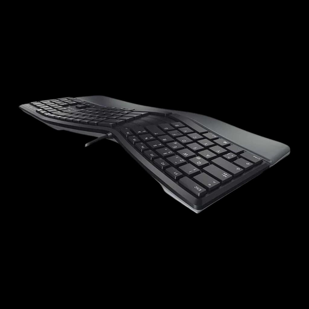 CHERRY KC 4500 ERGO USB QWERTY negro, vista trasera en ángulo: perfil elevado y curva ergonómica del teclado