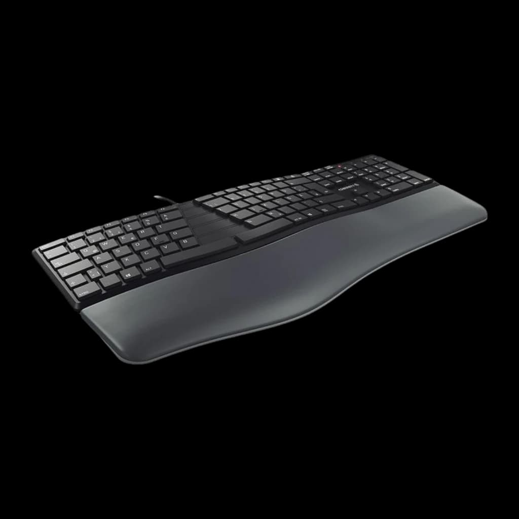 CHERRY KC 4500 ERGO USB QWERTY negro, vista frontal en ángulo: reposamanos acolchado y separación central de teclas