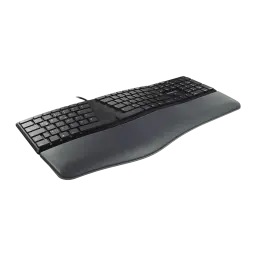 CHERRY KC 4500 ERGO USB QWERTY negro, vista frontal en ángulo: reposamanos acolchado y separación central de teclas