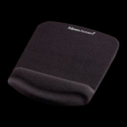 Fellowes PlushTouch Negro, vista en ángulo frontal: superficie texturizada y reposamuñecas acolchado con logo Microban
