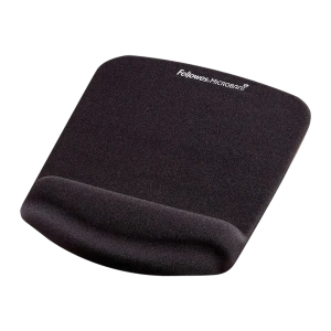 Fellowes PlushTouch Preto, vista em ângulo frontal: superfície texturizada e apoio de pulso acolchoado com logo Microban