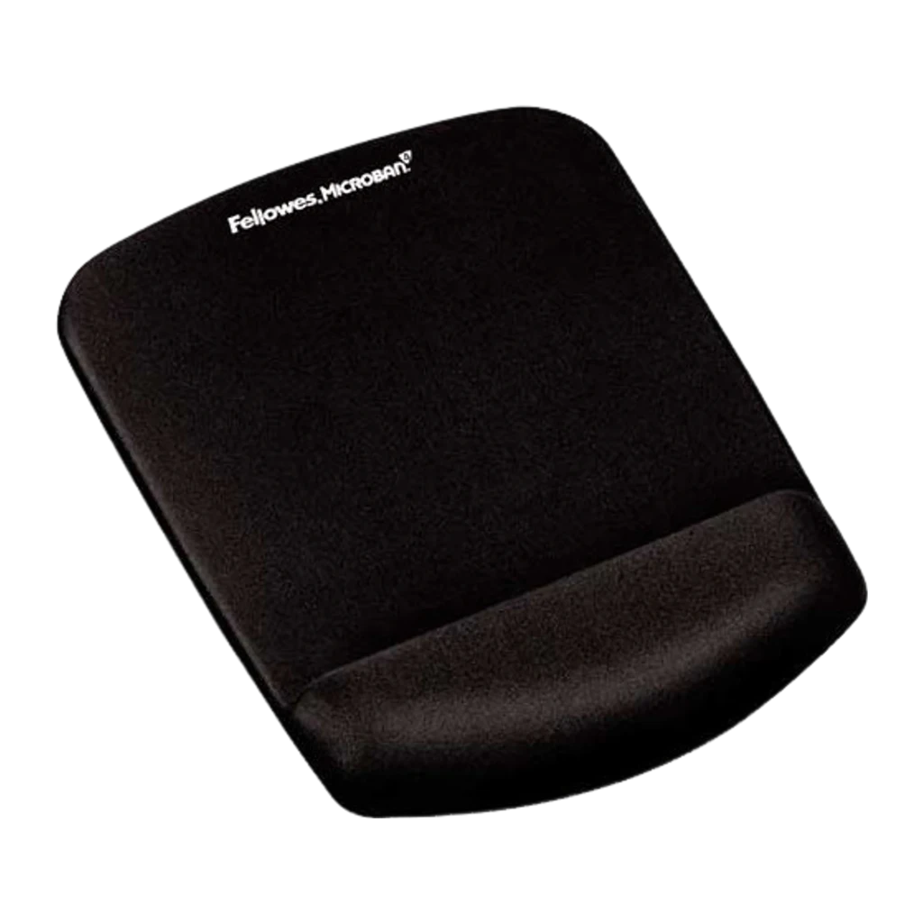 Fellowes PlushTouch Preto, vista em ângulo frontal: superfície texturizada e apoio de pulso acolchoado com logo Microban - Item1