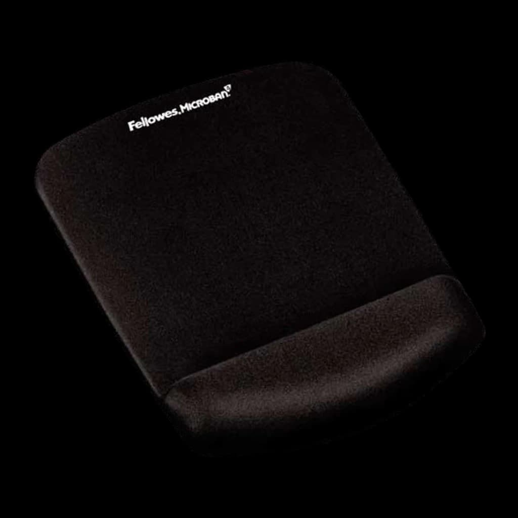 Fellowes PlushTouch Negro, vista en ángulo lateral: reposamuñecas acolchado en primer plano y superficie de ratón al fondo