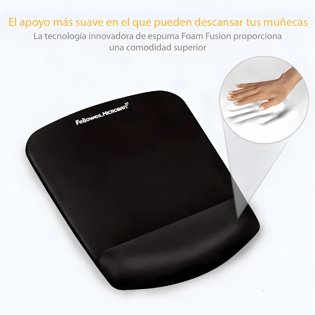 Fellowes PlushTouch Preto, vista em ângulo frontal: superfície texturizada e apoio de pulso acolchoado com logo Microban - Item3