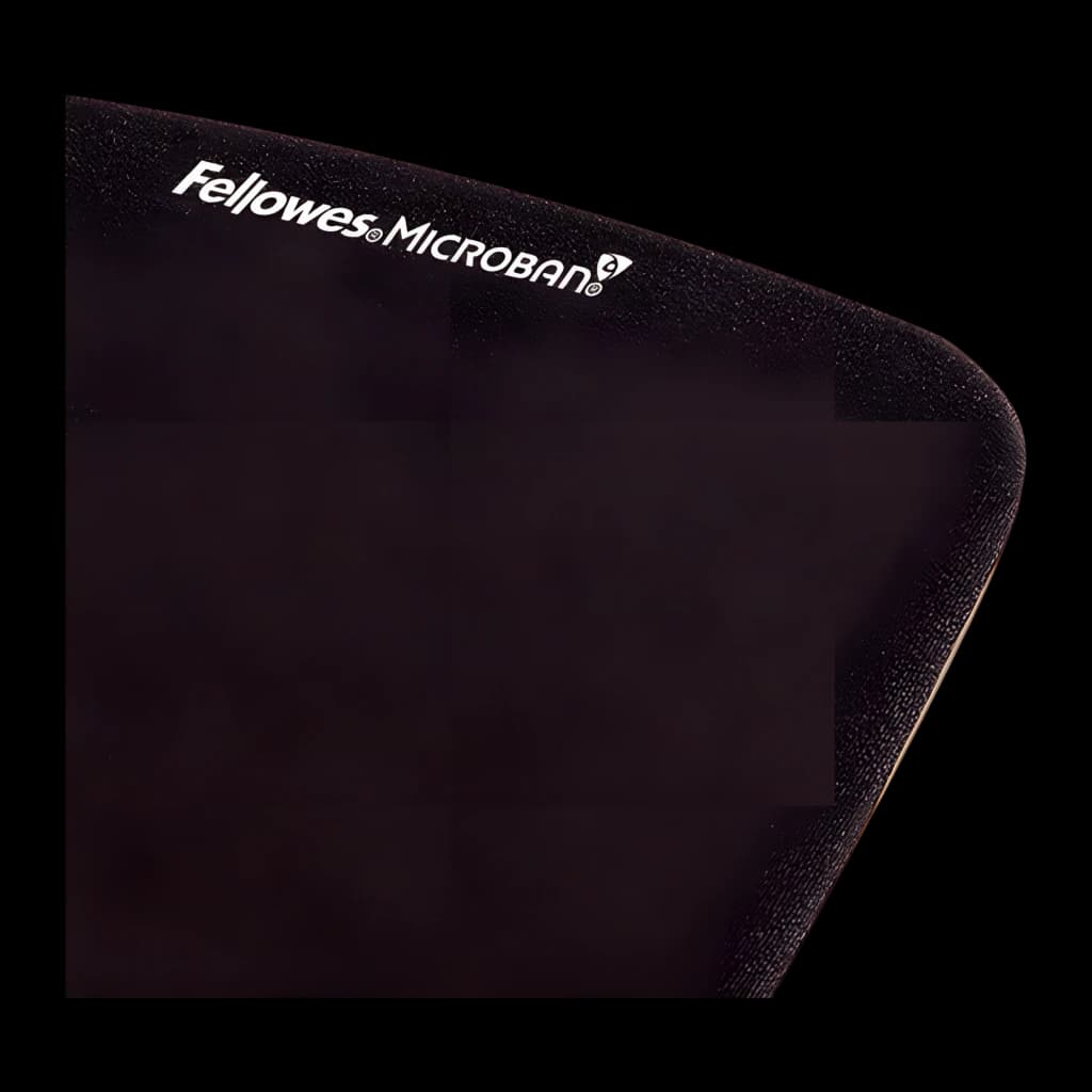 Fellowes PlushTouch Negro, detalle esquina superior: logo Fellowes Microban en superficie texturizada y borde acolchado