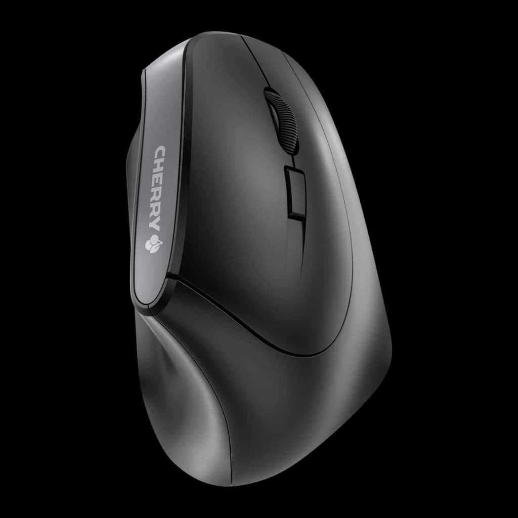 CHERRY Ratón MW 4500 Inalámbrico Negro, vista lateral izquierda: diseño ergonómico vertical, rueda y botones visibles, logo