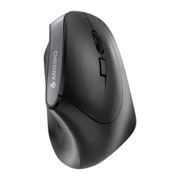 CHERRY Ratón MW 4500 Inalámbrico Negro, vista lateral izquierda: diseño ergonómico vertical, rueda y botones visibles, logo