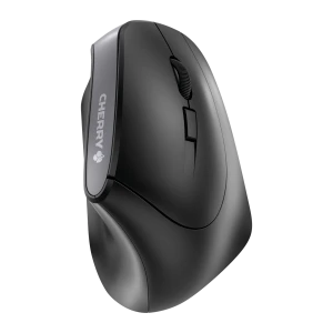 CHERRY Souris MW 4500 Sans Fil Noir, vue latérale gauche: forme ergonomique verticale, molette et boutons visibles, logo