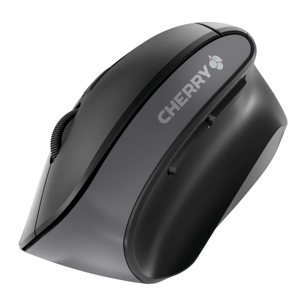 CHERRY Souris MW 4500 Sans Fil Noir, vue latérale gauche: forme ergonomique verticale, molette et boutons visibles, logo - Ítem1