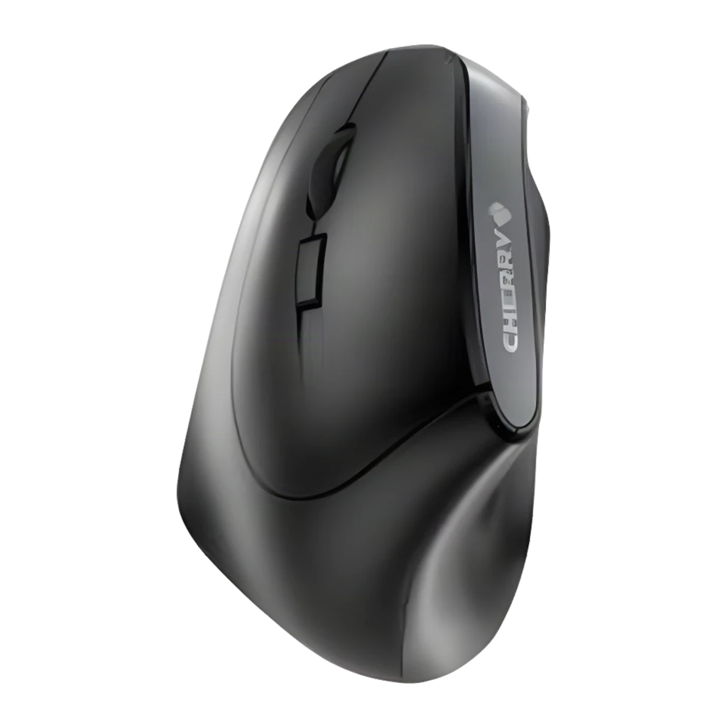 CHERRY Souris MW 4500 Sans Fil Noir, vue latérale gauche: forme ergonomique verticale, molette et boutons visibles, logo - Ítem3