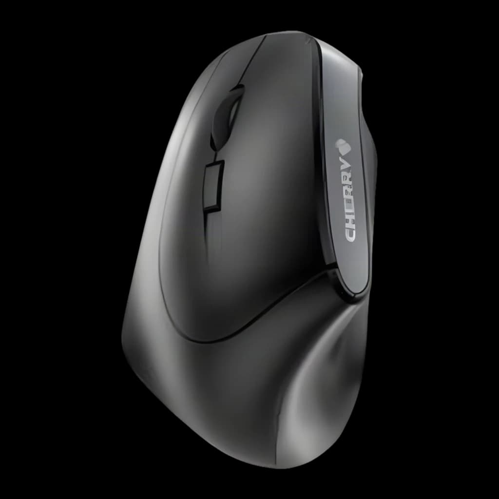 CHERRY Ratón MW 4500 Inalámbrico Negro, vista lateral: diseño ergonómico vertical, rueda y logo CHERRY visibles