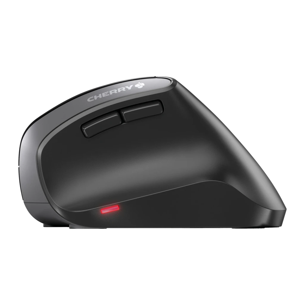 CHERRY Souris MW 4500 Sans Fil Noir, vue latérale gauche: forme ergonomique verticale, molette et boutons visibles, logo - Ítem4