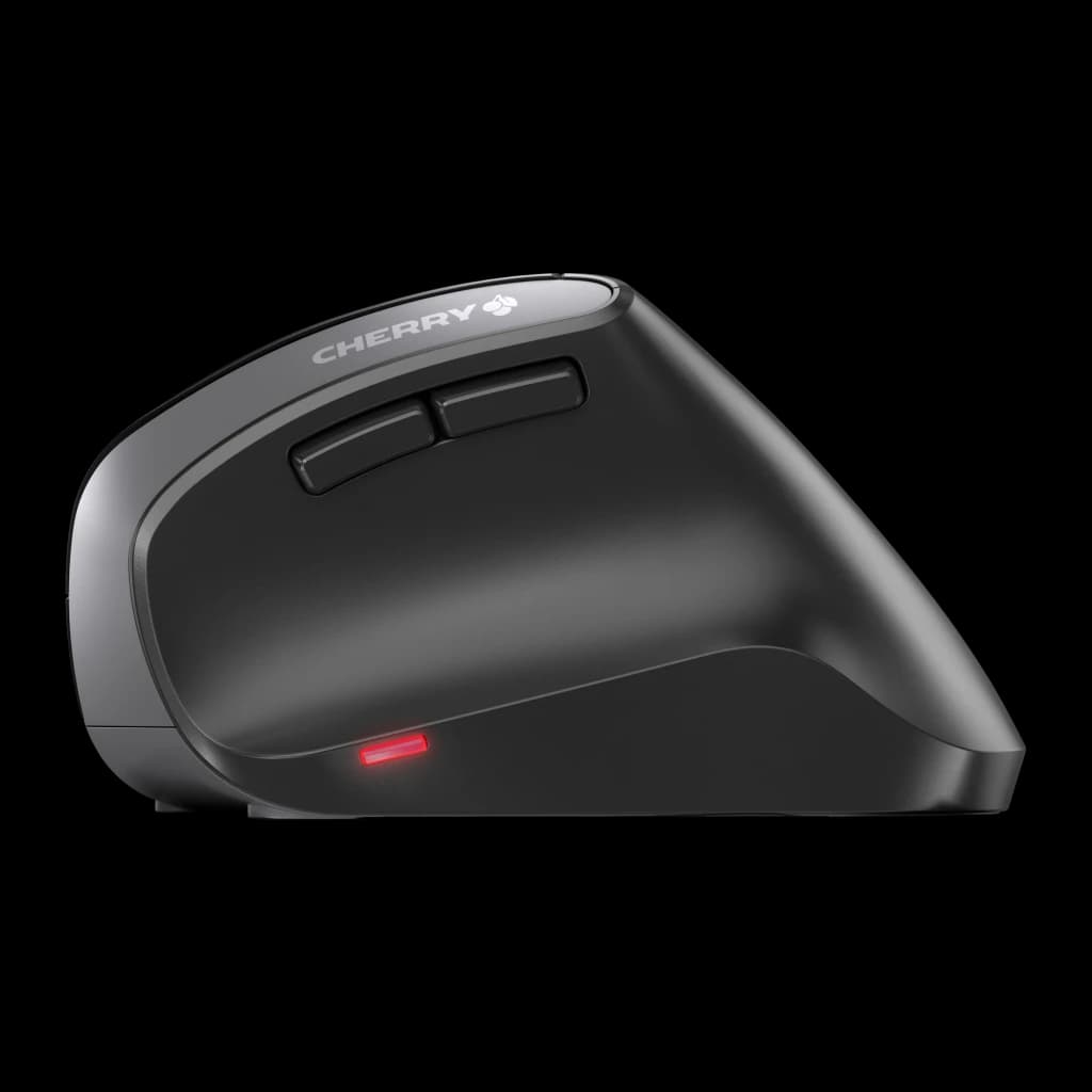 CHERRY Ratón MW 4500 Inalámbrico Negro, vista lateral: diseño ergonómico vertical, botones laterales y sensor óptico rojo