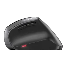 CHERRY Ratón MW 4500 Inalámbrico Negro, vista lateral: diseño ergonómico vertical, botones laterales y sensor óptico rojo
